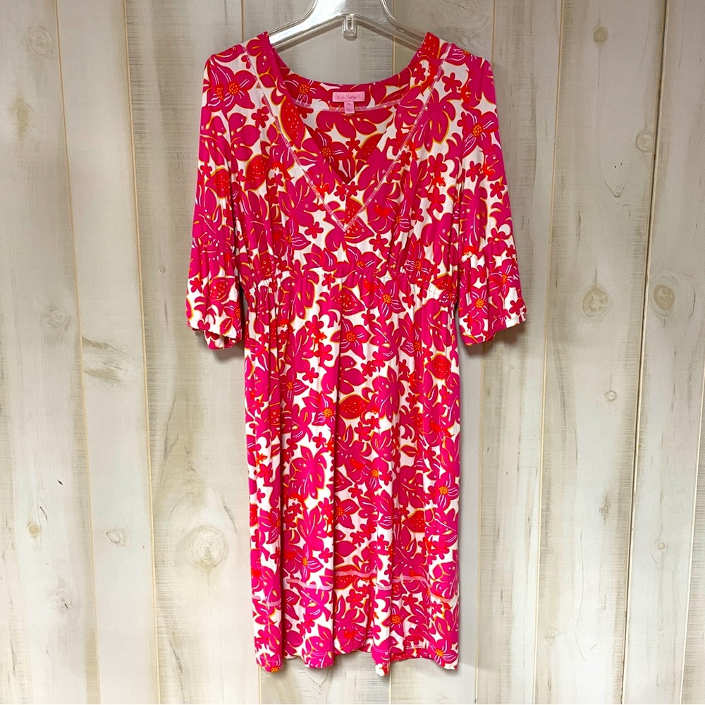 Lilly Pulitzer Pink Orange Floral Gecko Print V Neck Dress Sz M Bell Sleeves